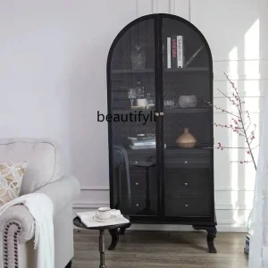 Tủ Vintage Tủ Bảo Quản Phòng Khách Gỗ Chắc Chắn Tủ Rượu Vòm Tủ Cao Đôi Cửa Kính - Hình 3