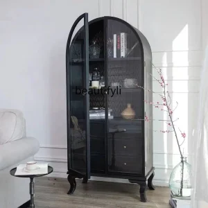 Tủ Vintage Tủ Bảo Quản Phòng Khách Gỗ Chắc Chắn Tủ Rượu Vòm Tủ Cao Đôi Cửa Kính - Hình 4